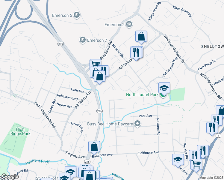 map of restaurants, bars, coffee shops, grocery stores, and more near 9259 All Saints Road in Laurel