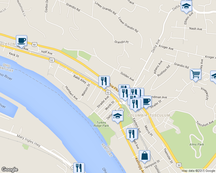map of restaurants, bars, coffee shops, grocery stores, and more near 3304 Walworth Avenue in Cincinnati