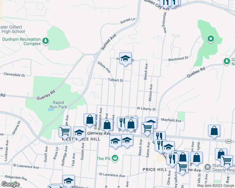 map of restaurants, bars, coffee shops, grocery stores, and more near 1638 Gilsey Avenue in Cincinnati