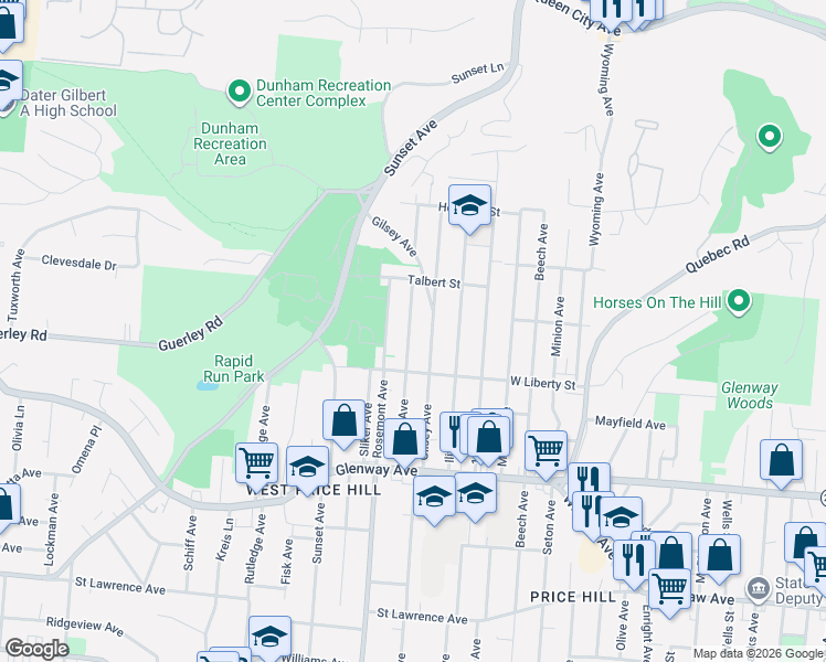 map of restaurants, bars, coffee shops, grocery stores, and more near 1633 Dewey Avenue in Cincinnati