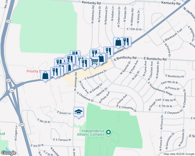 map of restaurants, bars, coffee shops, grocery stores, and more near 806 Mohawk Avenue in Independence