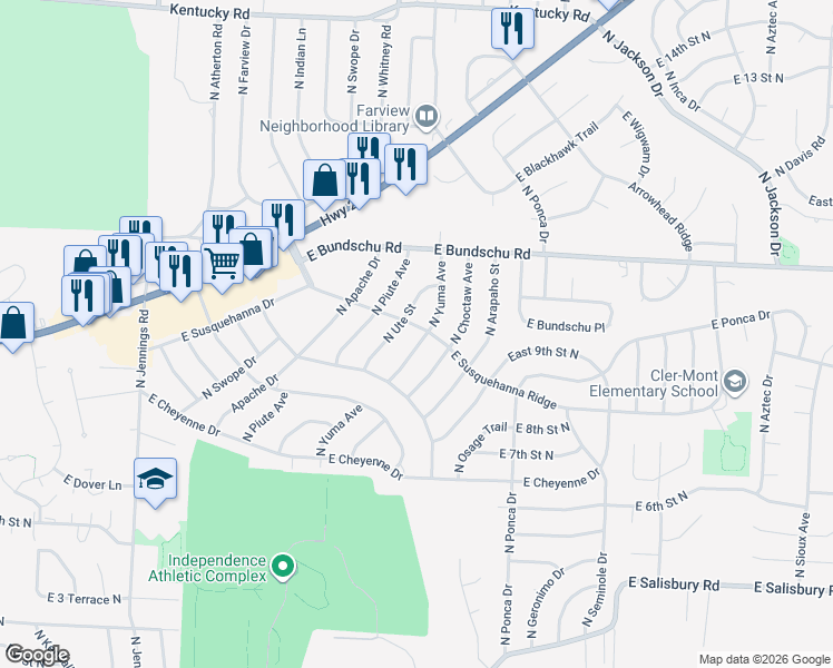 map of restaurants, bars, coffee shops, grocery stores, and more near 815 North Yuma Avenue in Independence