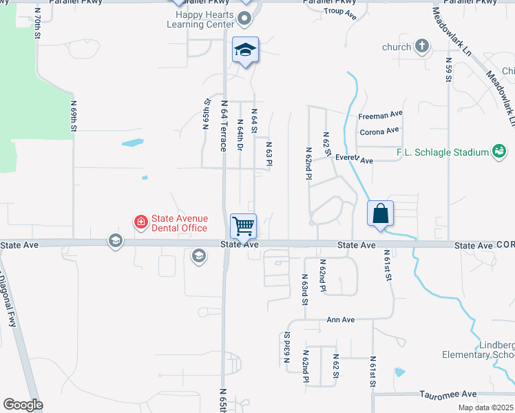 map of restaurants, bars, coffee shops, grocery stores, and more near 1217 North 64th Street in Kansas City