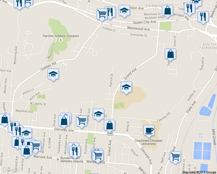 map of restaurants, bars, coffee shops, grocery stores, and more near 1739 Patrick Drive in Cincinnati