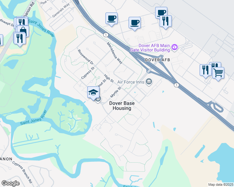 map of restaurants, bars, coffee shops, grocery stores, and more near 2052 Wisteria Court in Dover