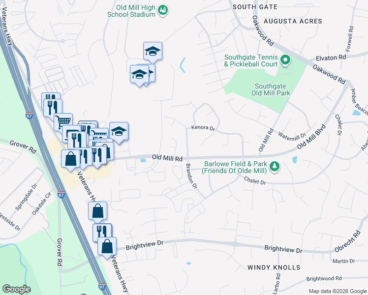map of restaurants, bars, coffee shops, grocery stores, and more near 8220 Brandon Drive in Millersville