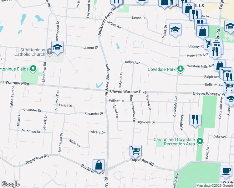 map of restaurants, bars, coffee shops, grocery stores, and more near 5275 Cleves Warsaw Road in Cincinnati
