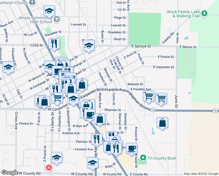 map of restaurants, bars, coffee shops, grocery stores, and more near 405 Harbert Street in Jerseyville
