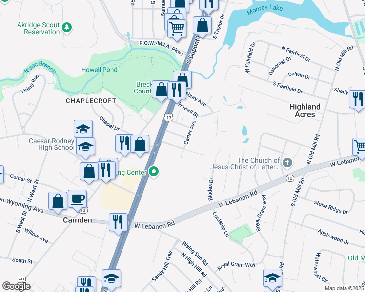 map of restaurants, bars, coffee shops, grocery stores, and more near 97 Shamrock Avenue in Dover