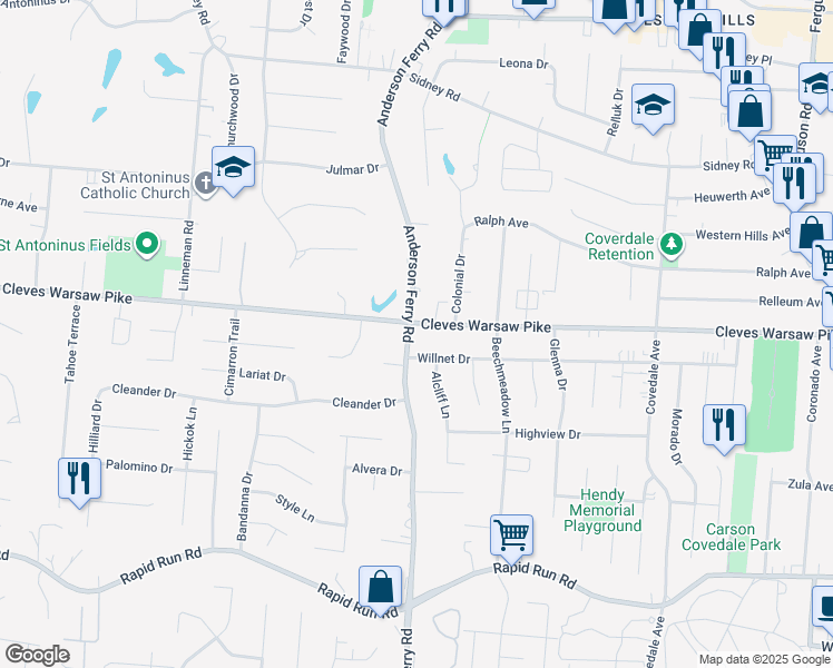 map of restaurants, bars, coffee shops, grocery stores, and more near 5295 Cleves Warsaw Pike in Cincinnati