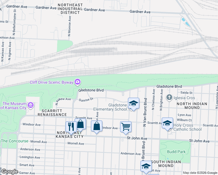 map of restaurants, bars, coffee shops, grocery stores, and more near 4300 Gladstone Boulevard in Kansas City