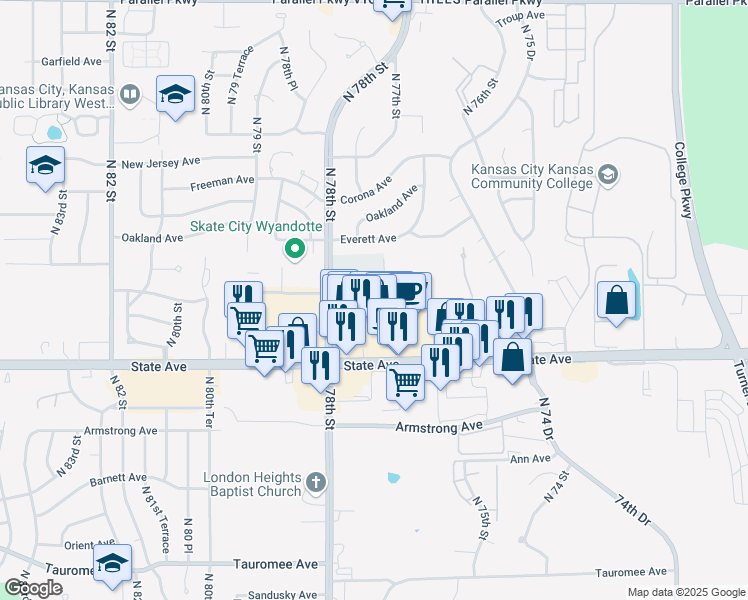 map of restaurants, bars, coffee shops, grocery stores, and more near 1223 North 77th Terrace in Kansas City