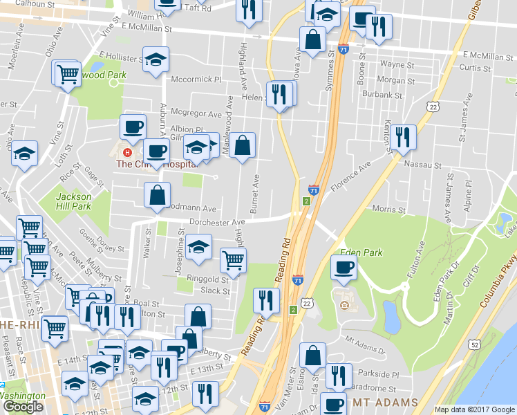 map of restaurants, bars, coffee shops, grocery stores, and more near 2014 Burnet Avenue in Cincinnati