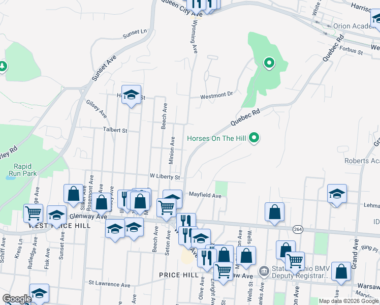 map of restaurants, bars, coffee shops, grocery stores, and more near 1635 Quebec Rd in Cincinnati