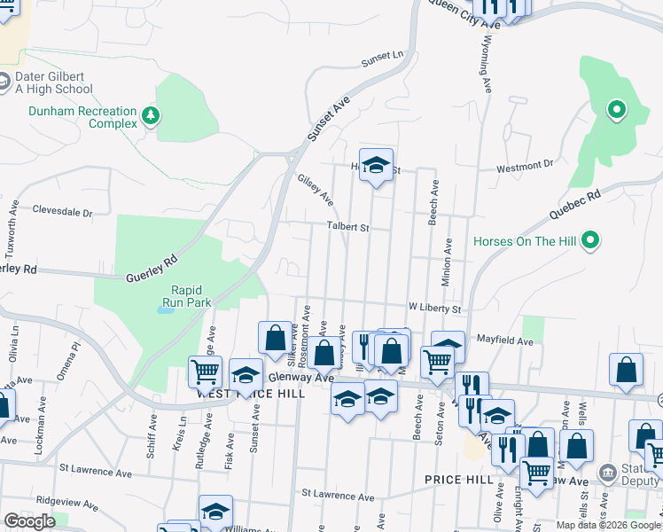 map of restaurants, bars, coffee shops, grocery stores, and more near 1633 Dewey Avenue in Cincinnati