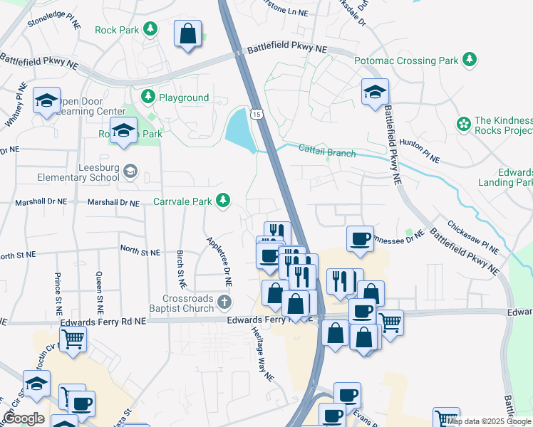 map of restaurants, bars, coffee shops, grocery stores, and more near 1101 Huntmaster Terrace Northeast in Leesburg