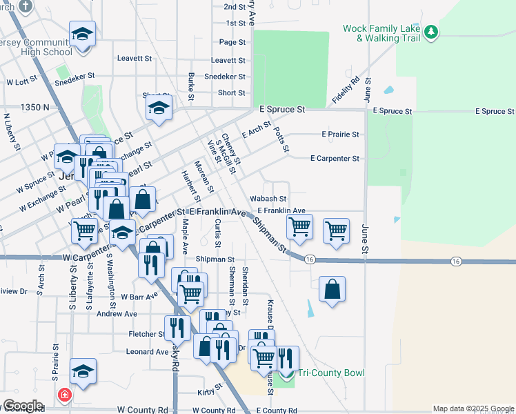 map of restaurants, bars, coffee shops, grocery stores, and more near 607 East Franklin Avenue in Jerseyville
