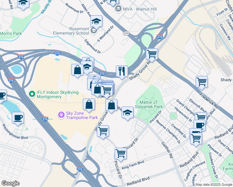 map of restaurants, bars, coffee shops, grocery stores, and more near 15885 Shady Grove Road in Rockville