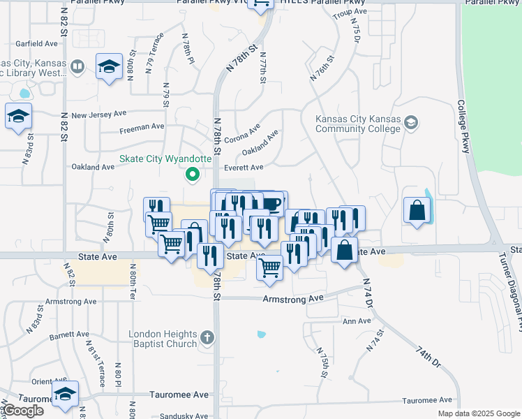 map of restaurants, bars, coffee shops, grocery stores, and more near 1223 N 77th St in Kansas City