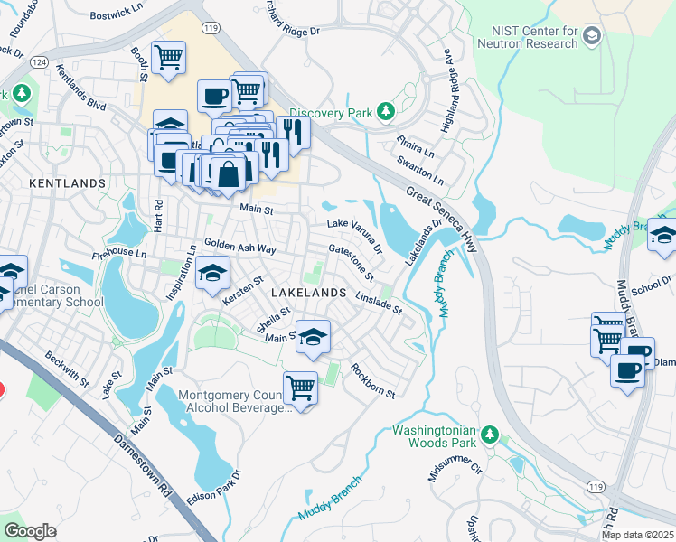 map of restaurants, bars, coffee shops, grocery stores, and more near 602 Linslade Street in Gaithersburg