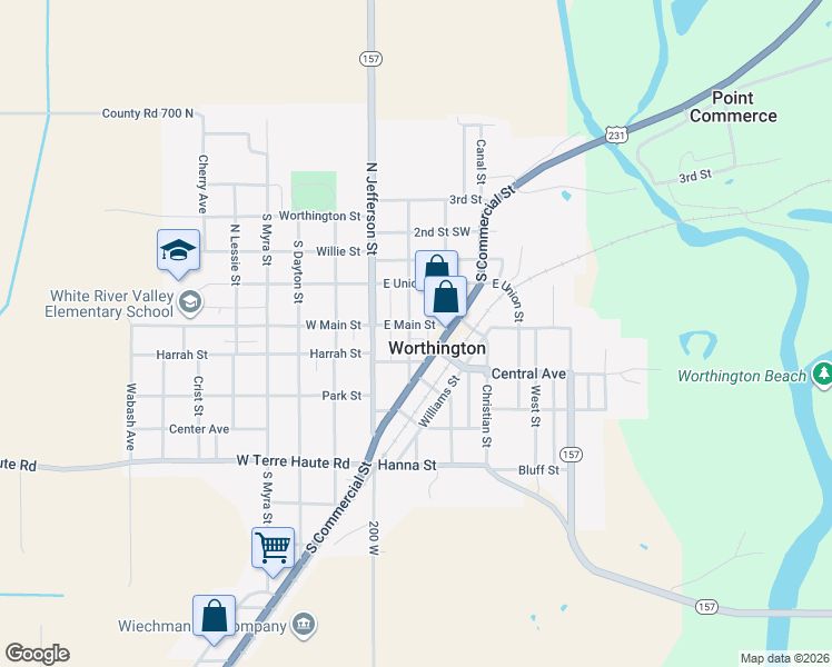 map of restaurants, bars, coffee shops, grocery stores, and more near 105 East Main Street in Worthington