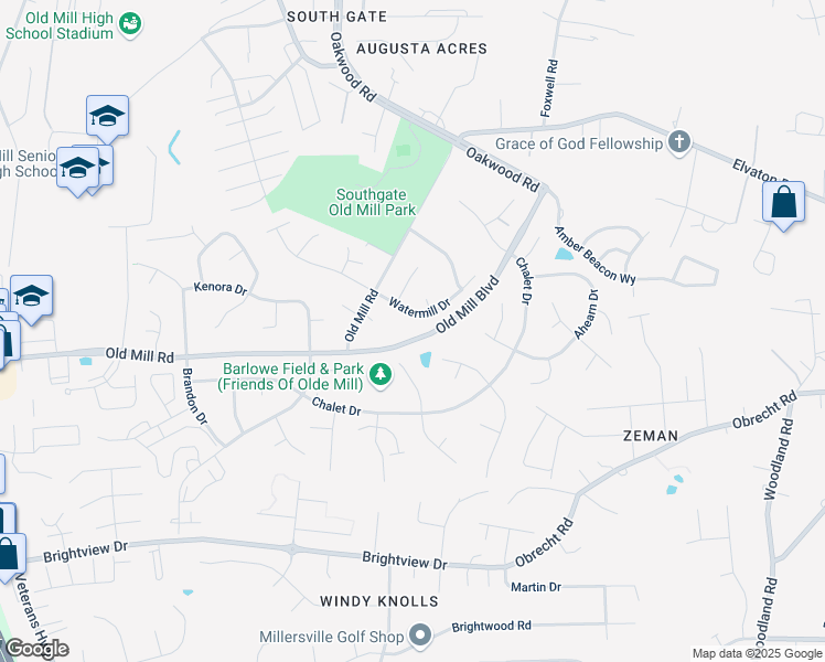 map of restaurants, bars, coffee shops, grocery stores, and more near 8315 Watermill Drive in Millersville