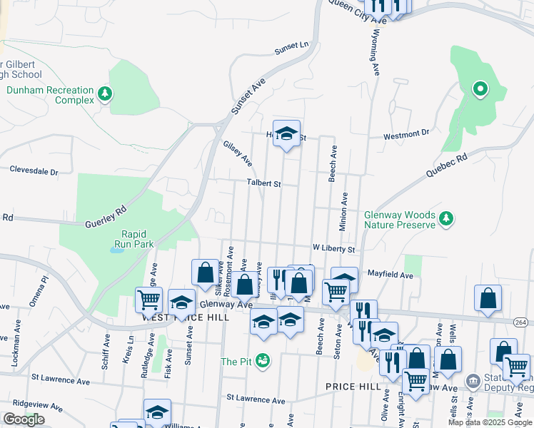 map of restaurants, bars, coffee shops, grocery stores, and more near 1638 Gilsey Avenue in Cincinnati