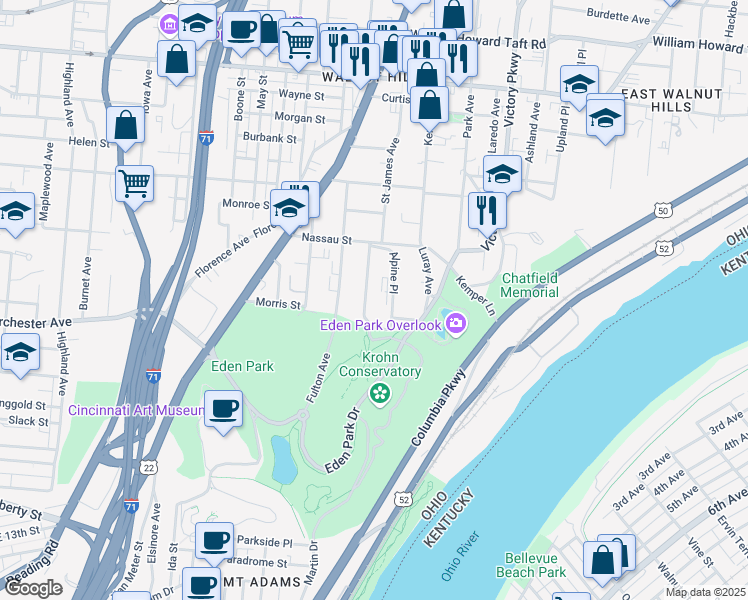 map of restaurants, bars, coffee shops, grocery stores, and more near 2112 Saint James Avenue in Cincinnati