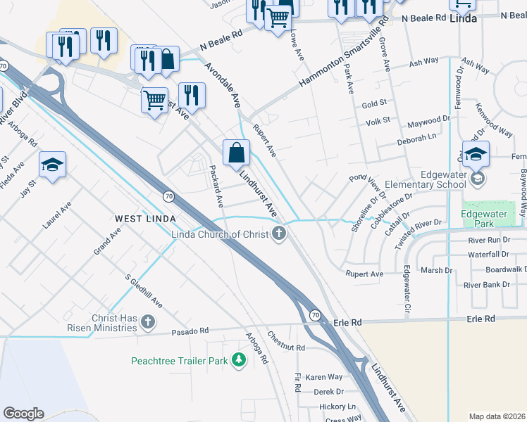 map of restaurants, bars, coffee shops, grocery stores, and more near 5722 Lindhurst Avenue in Marysville