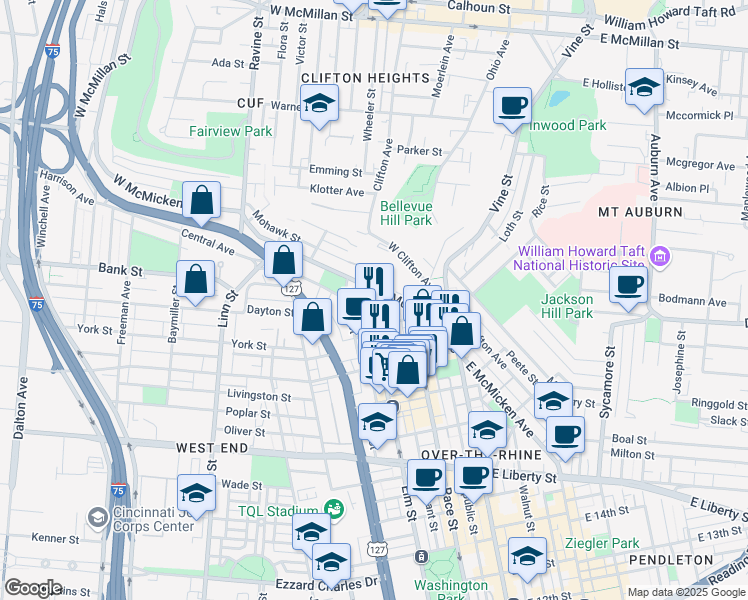 map of restaurants, bars, coffee shops, grocery stores, and more near 2022 Elm Street in Cincinnati