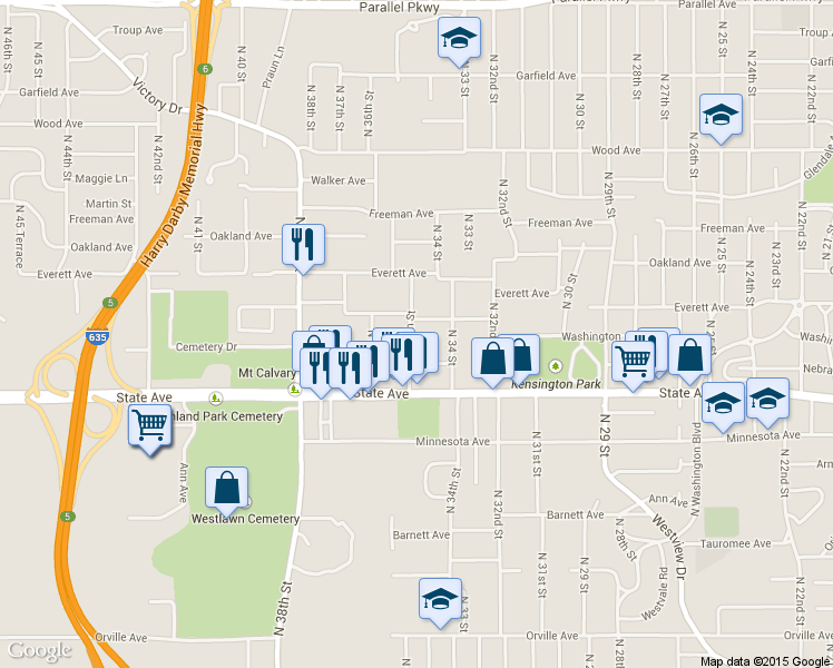 map of restaurants, bars, coffee shops, grocery stores, and more near 1147 N 36th St in Kansas City