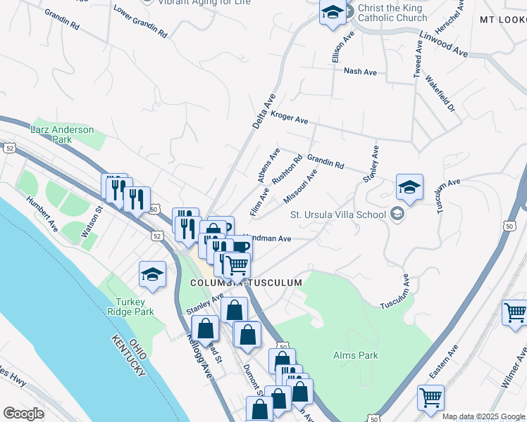 map of restaurants, bars, coffee shops, grocery stores, and more near 433 Missouri Avenue in Cincinnati