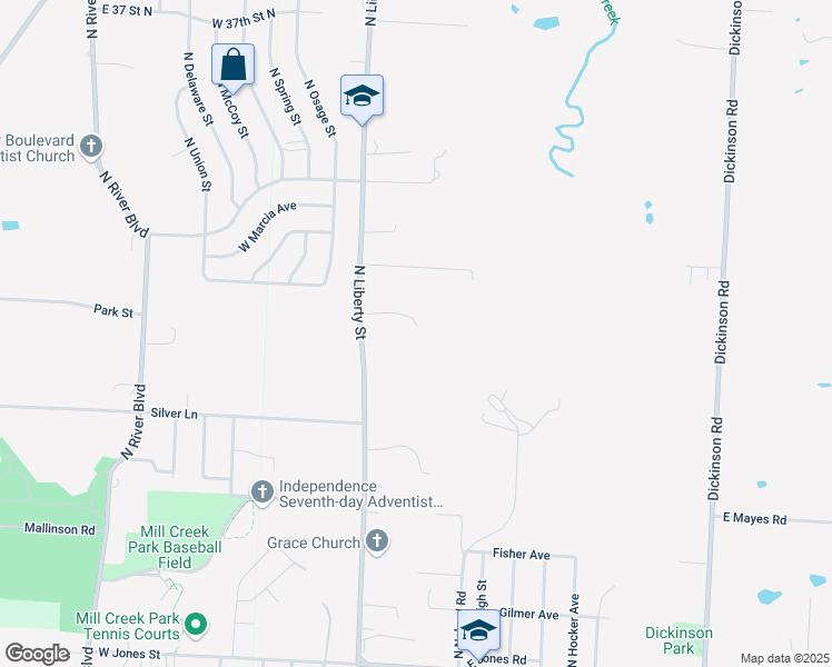 map of restaurants, bars, coffee shops, grocery stores, and more near 2215 North Liberty Street in Independence