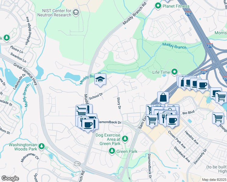 map of restaurants, bars, coffee shops, grocery stores, and more near 24 County Court in Gaithersburg