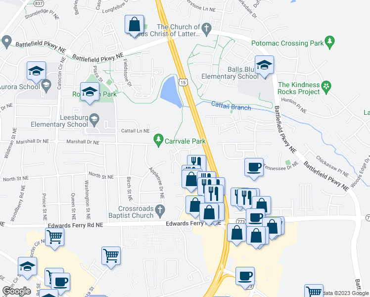 map of restaurants, bars, coffee shops, grocery stores, and more near 1134 Huntmaster Terrace Northeast in Leesburg