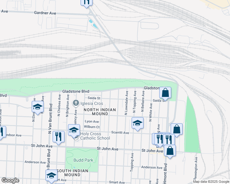 map of restaurants, bars, coffee shops, grocery stores, and more near 5515 Gladstone Boulevard in Kansas City