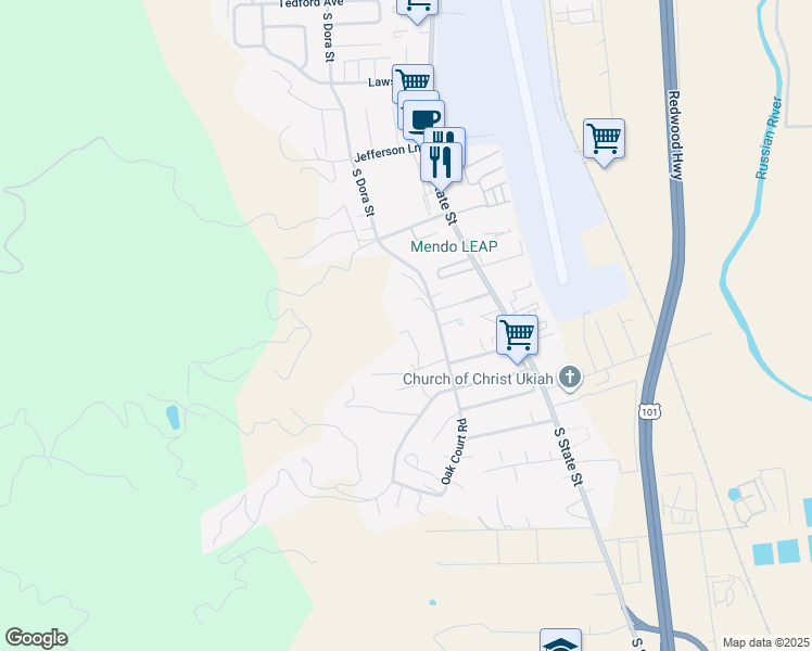 map of restaurants, bars, coffee shops, grocery stores, and more near 206 Bourbon Lane in Ukiah