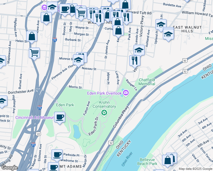 map of restaurants, bars, coffee shops, grocery stores, and more near 2112 Saint James Avenue in Cincinnati
