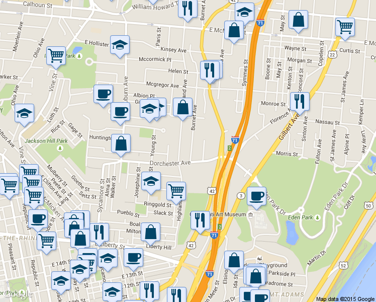 map of restaurants, bars, coffee shops, grocery stores, and more near 2014 Burnet Avenue in Cincinnati