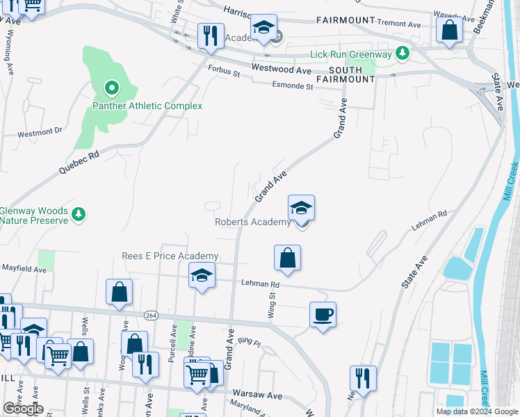 map of restaurants, bars, coffee shops, grocery stores, and more near 1794 Grand Avenue in Cincinnati