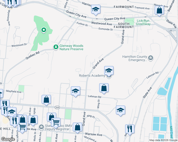 map of restaurants, bars, coffee shops, grocery stores, and more near 1741 Grand Avenue in Cincinnati