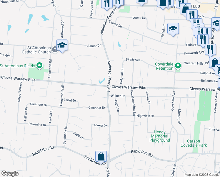 map of restaurants, bars, coffee shops, grocery stores, and more near 5295 Cleves Warsaw Pike in Cincinnati