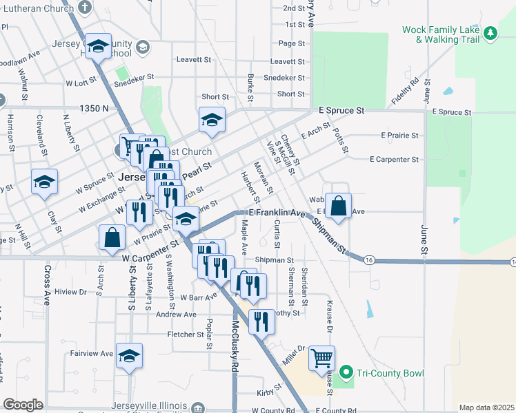 map of restaurants, bars, coffee shops, grocery stores, and more near 405 Harbert Street in Jerseyville