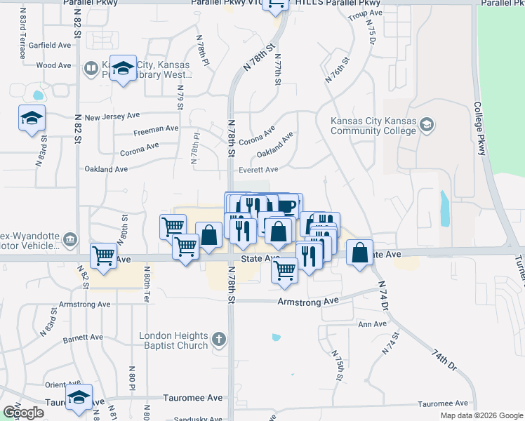 map of restaurants, bars, coffee shops, grocery stores, and more near 1223 North 77th Street in Kansas City