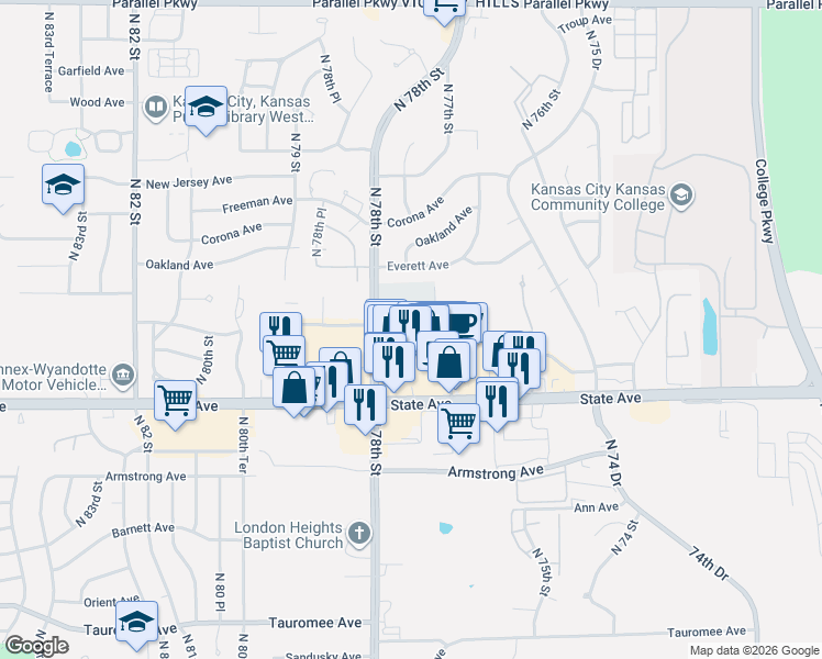 map of restaurants, bars, coffee shops, grocery stores, and more near 7735 Washington Avenue in Kansas City