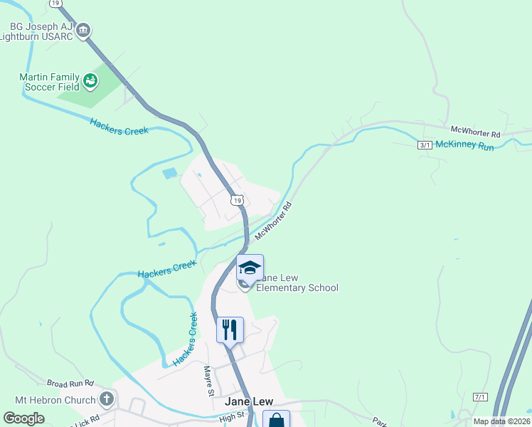 map of restaurants, bars, coffee shops, grocery stores, and more near 54 Park Avenue in Jane Lew