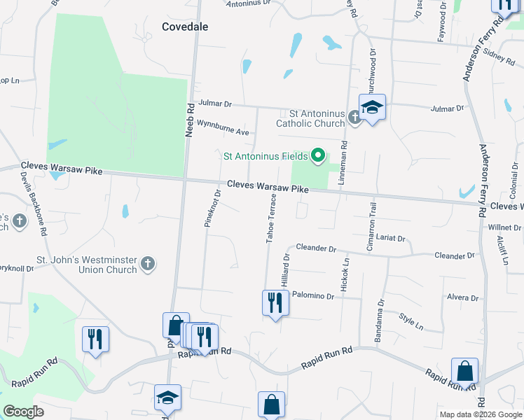 map of restaurants, bars, coffee shops, grocery stores, and more near 1249 Tahoe Terrace in Cincinnati