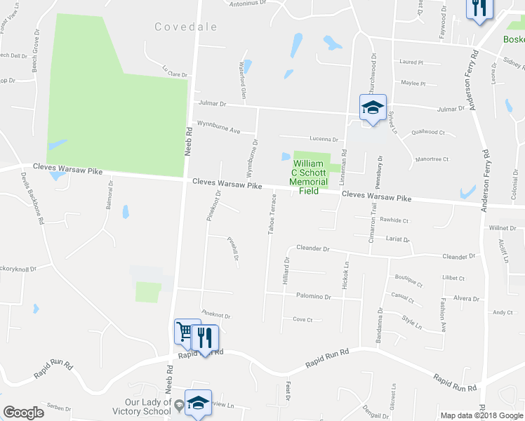 map of restaurants, bars, coffee shops, grocery stores, and more near 1249 Tahoe Terrace in Cincinnati