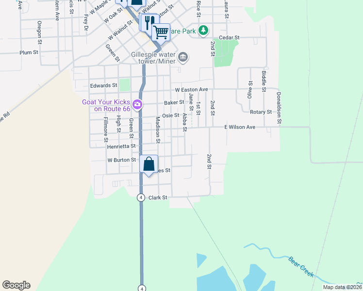 map of restaurants, bars, coffee shops, grocery stores, and more near 1109 Abba Street in Gillespie