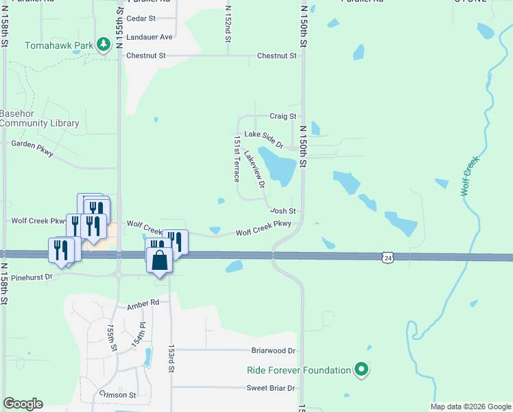 map of restaurants, bars, coffee shops, grocery stores, and more near 15017 Josh Street in Basehor